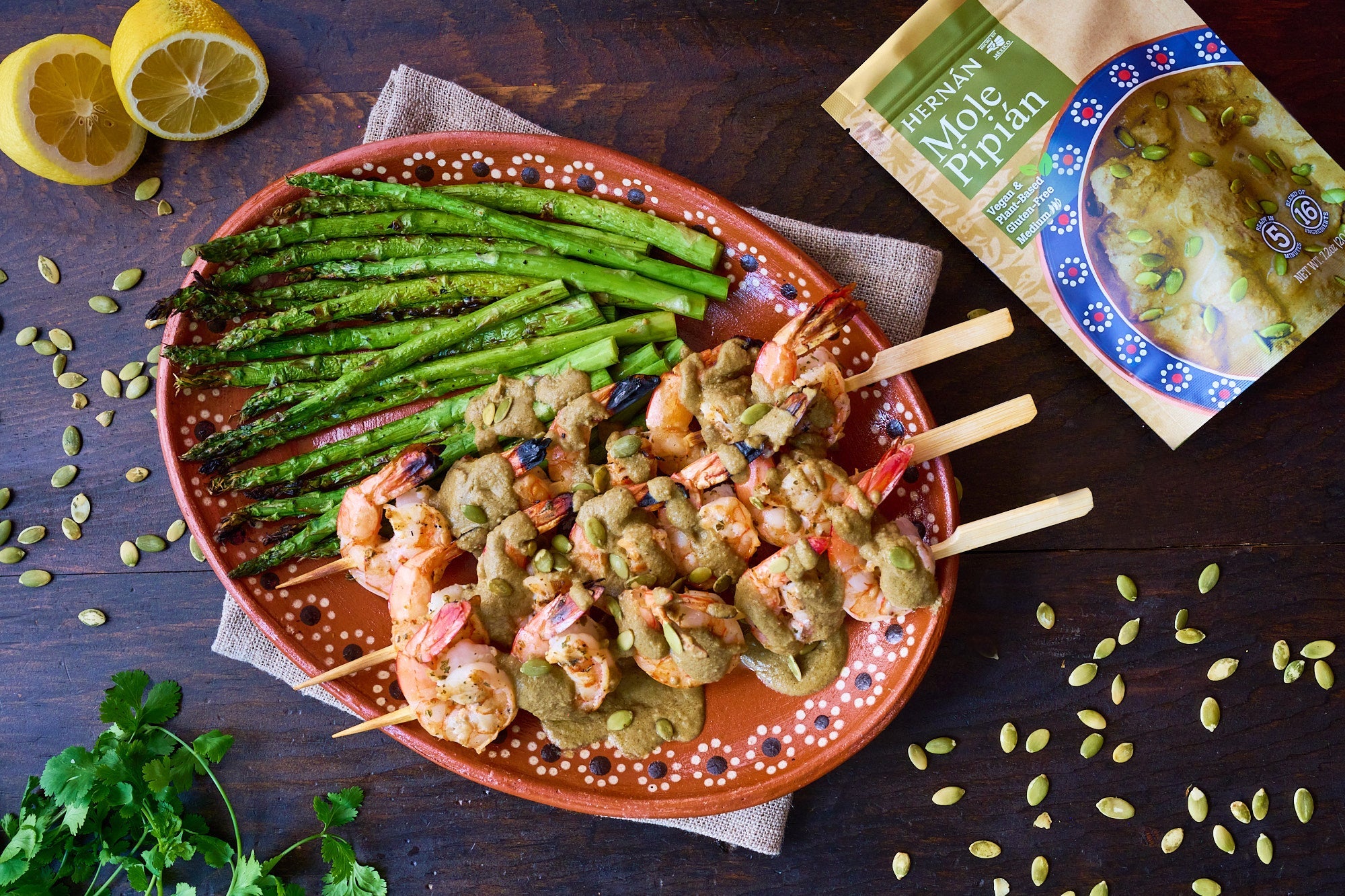 Grilled Shrimp Skewers in HERNÁN Mexican Mole Pipian